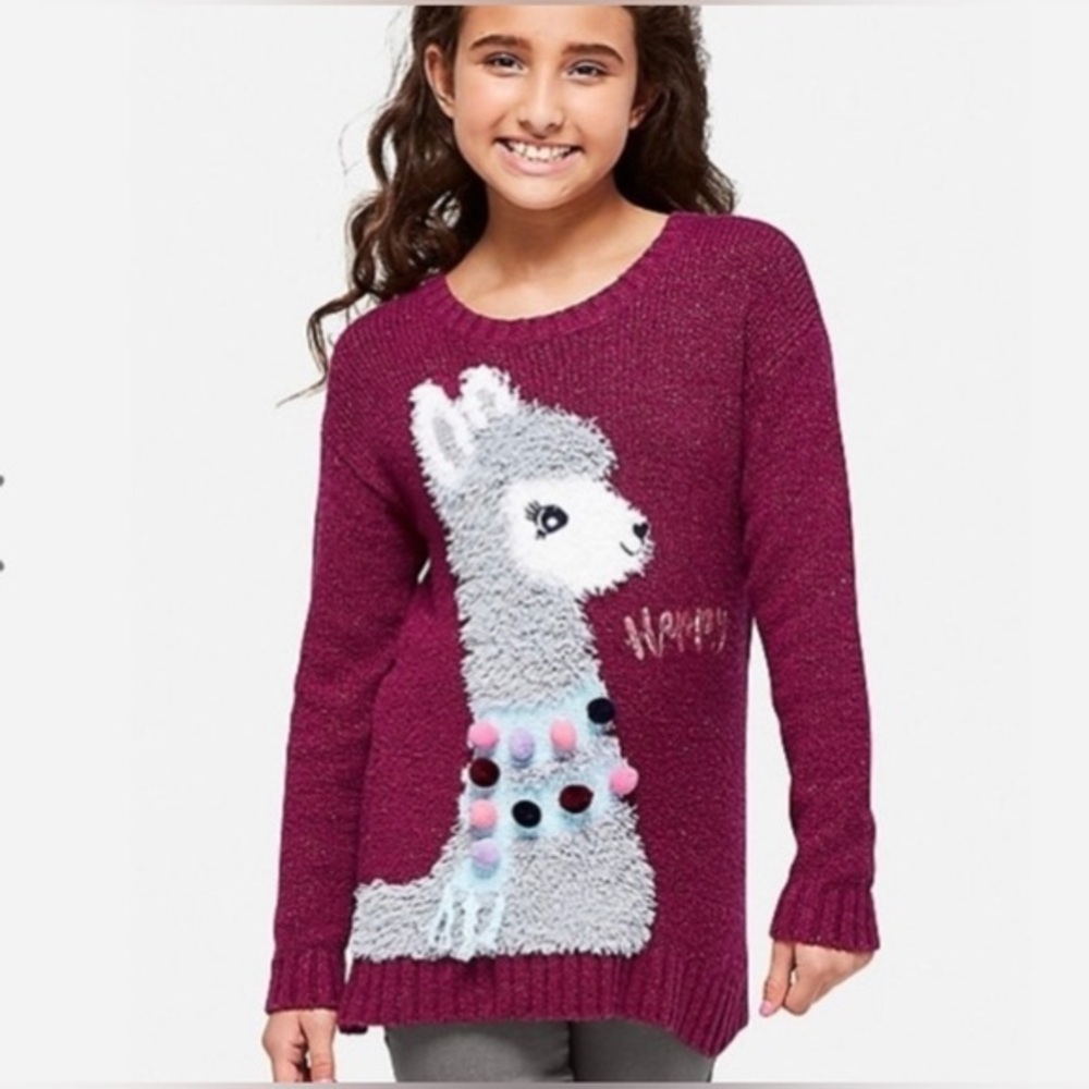 Justice Maroon Llama Sequin Sparkle Pom Pom Long Sleeve Sweater